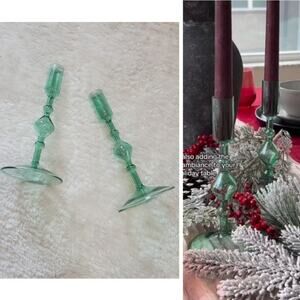Poketo Green Glass Candlestick Holder - Set of 2 - New in Box